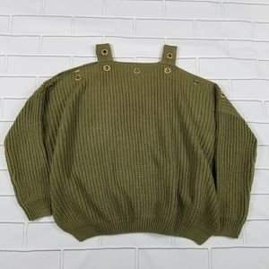 Elan Oversized Off Shoulder Olive Green Sweater L
